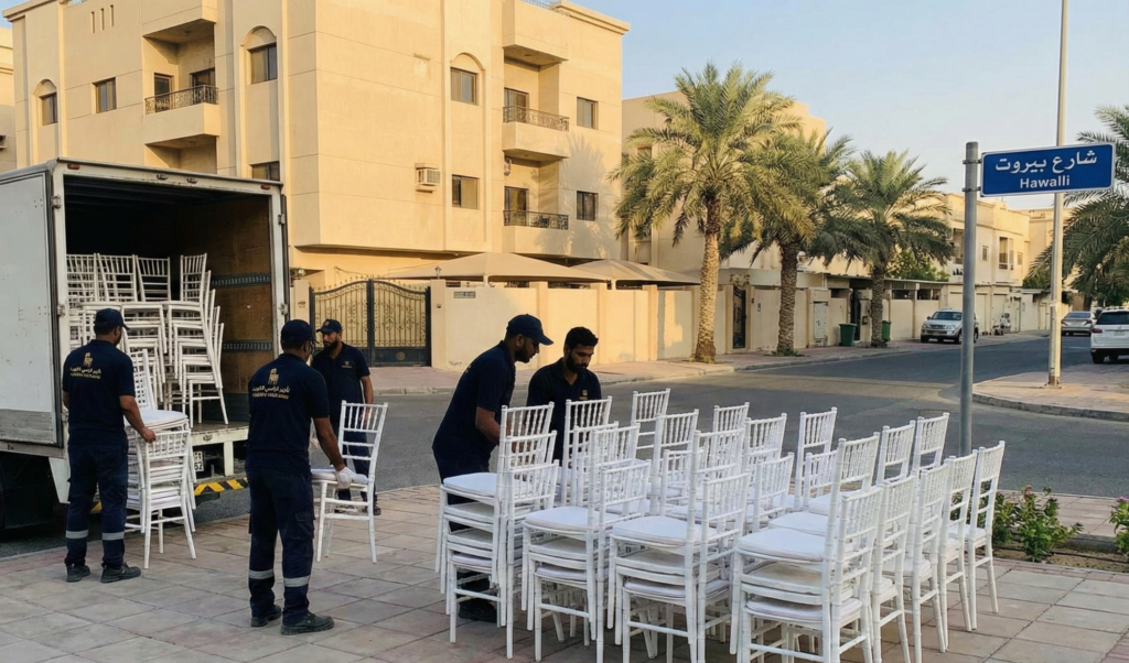 فريق عمل تأجير كراسي الكويت يقوم بتوصيل وتركيب الكراسي للعملاء في منطقة حولي.